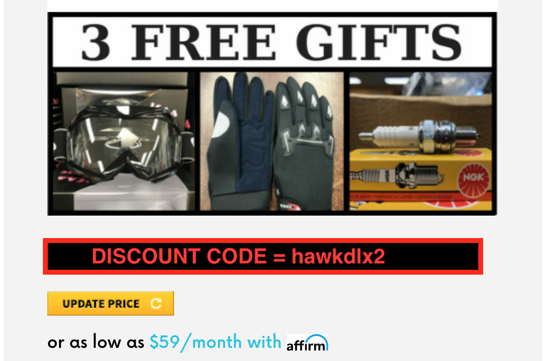 Preorder Hawk DLX 250cc With Coupon Discount Code Hawk 250 Guides & Parts